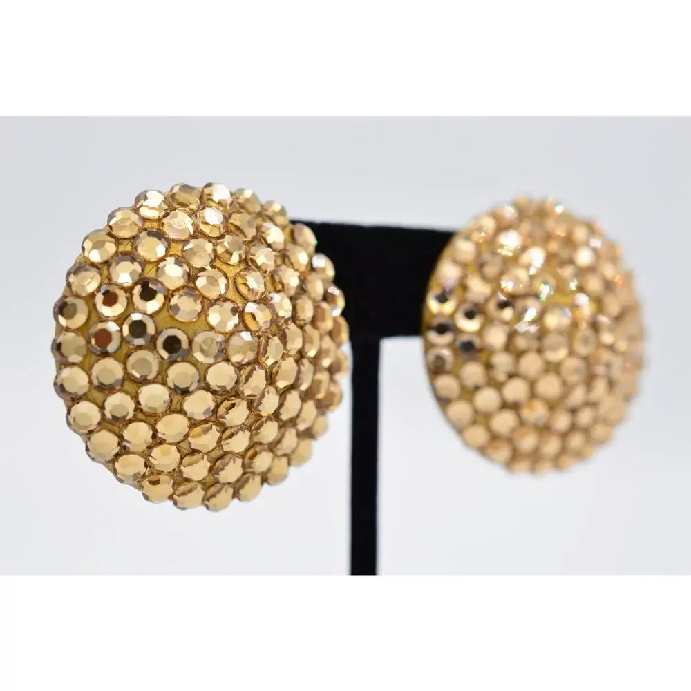 Vintage Crystal Clip Earrings Sparkling Brown Rhinestone Round Chunky 1980s 9L